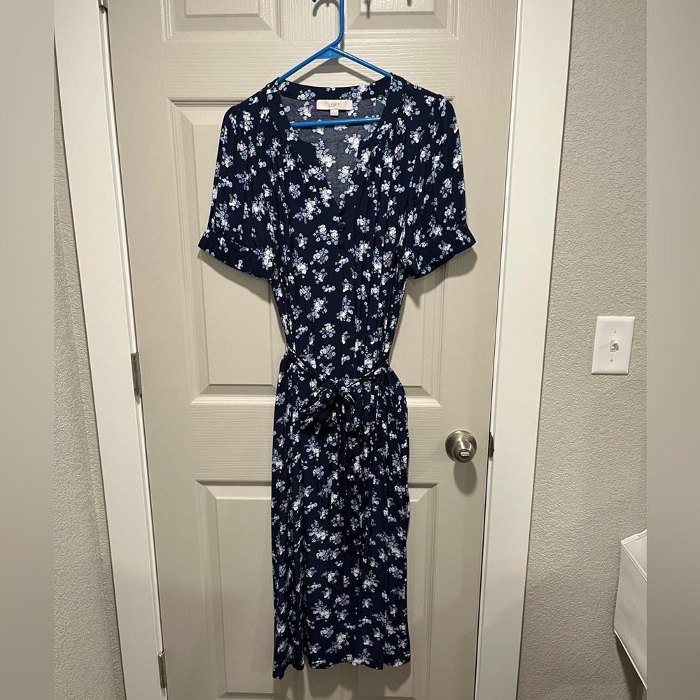 LOFT Navy Floral Dress with waist tie